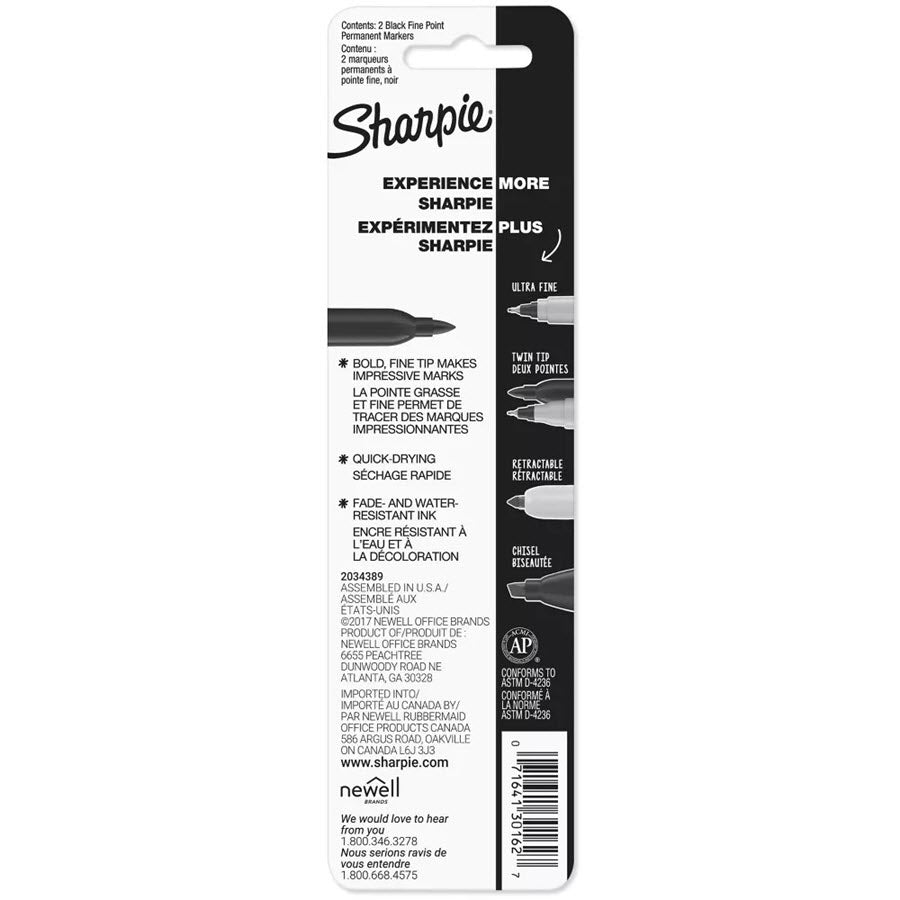 Sharpie Permanent Markers Fine Tip, Black, 2pk