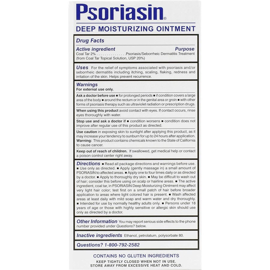 Psoriasin Deep Moisturizing Ointment - 2% Coal Tar - Stops Psoriasis Itching, Scaling, Redness - 4.2oz