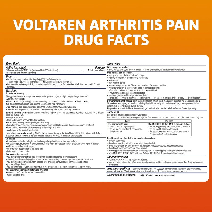 Voltaren Diclofenac Sodium Topical Arthritis Pain Relief Gel Tube, 1.7oz