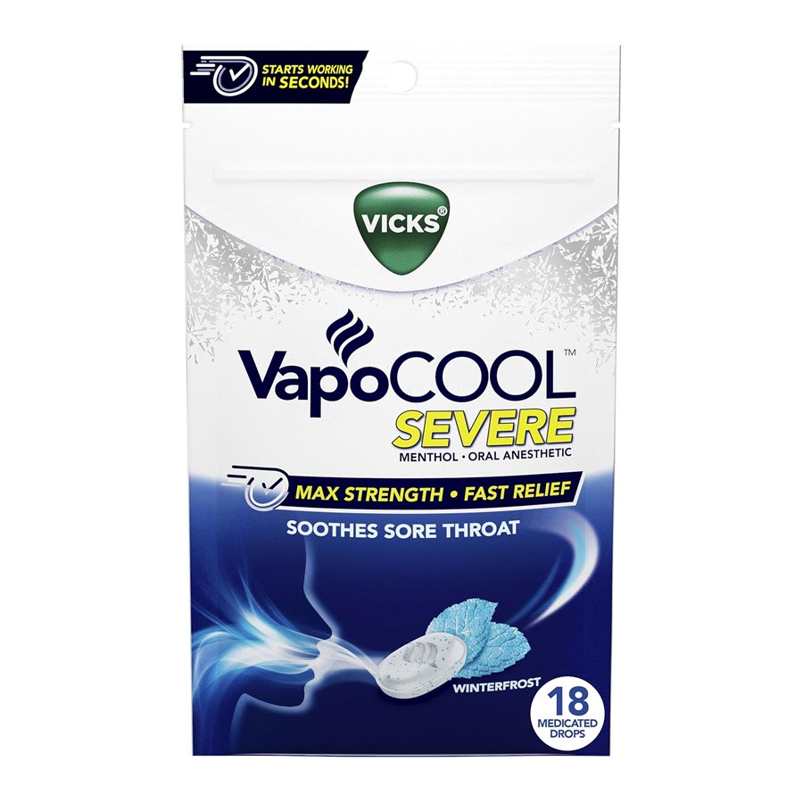 Vicks VapoCOOL Severe Sore Throat Max Strength Drops, Winterfrost - 18 ct