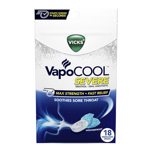 Vicks VapoCOOL Severe Sore Throat Max Strength Drops, Winterfrost - 18 ct