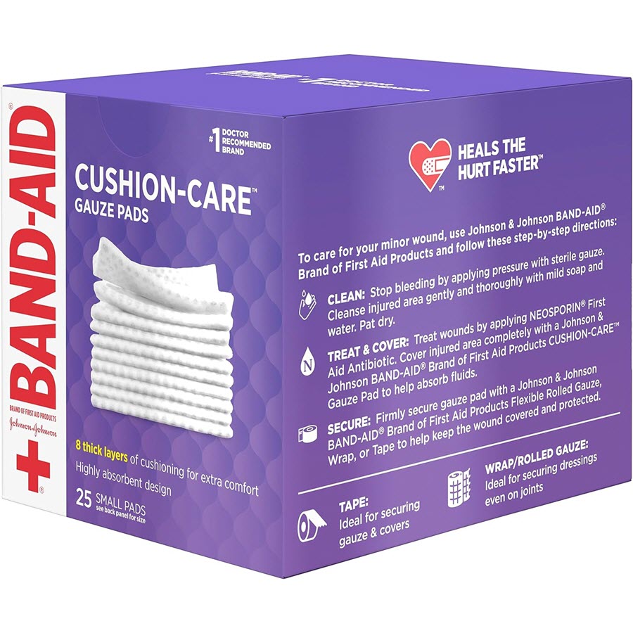 Band-Aid Cushion Care Non-Stick Gauze Pads, Small, White, 2 x 2 in, 25ct