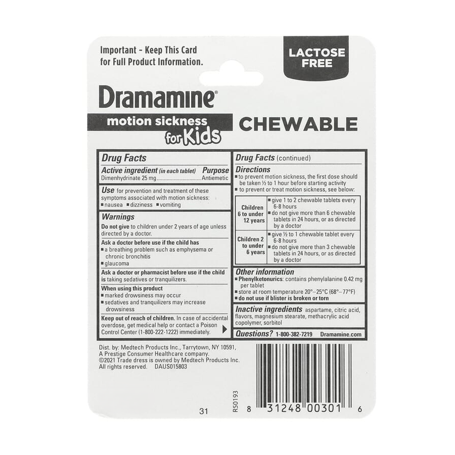 Dramamine Kids Chewable Motion Sickness Relief Tablets for Nausea, Dizziness & Vomiting - Grape - 8ct