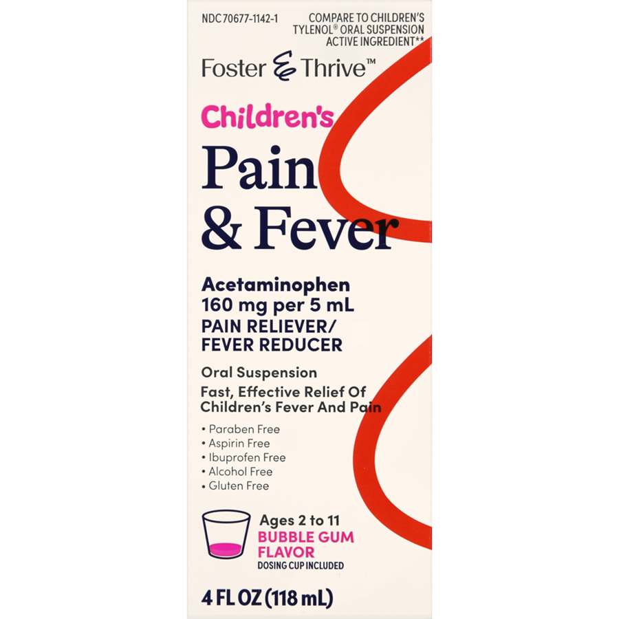 Foster & Thrive Children's Pain & Fever Acetaminophen 160 mg per 5 mL Oral Suspension Bubble Gum, 4 oz