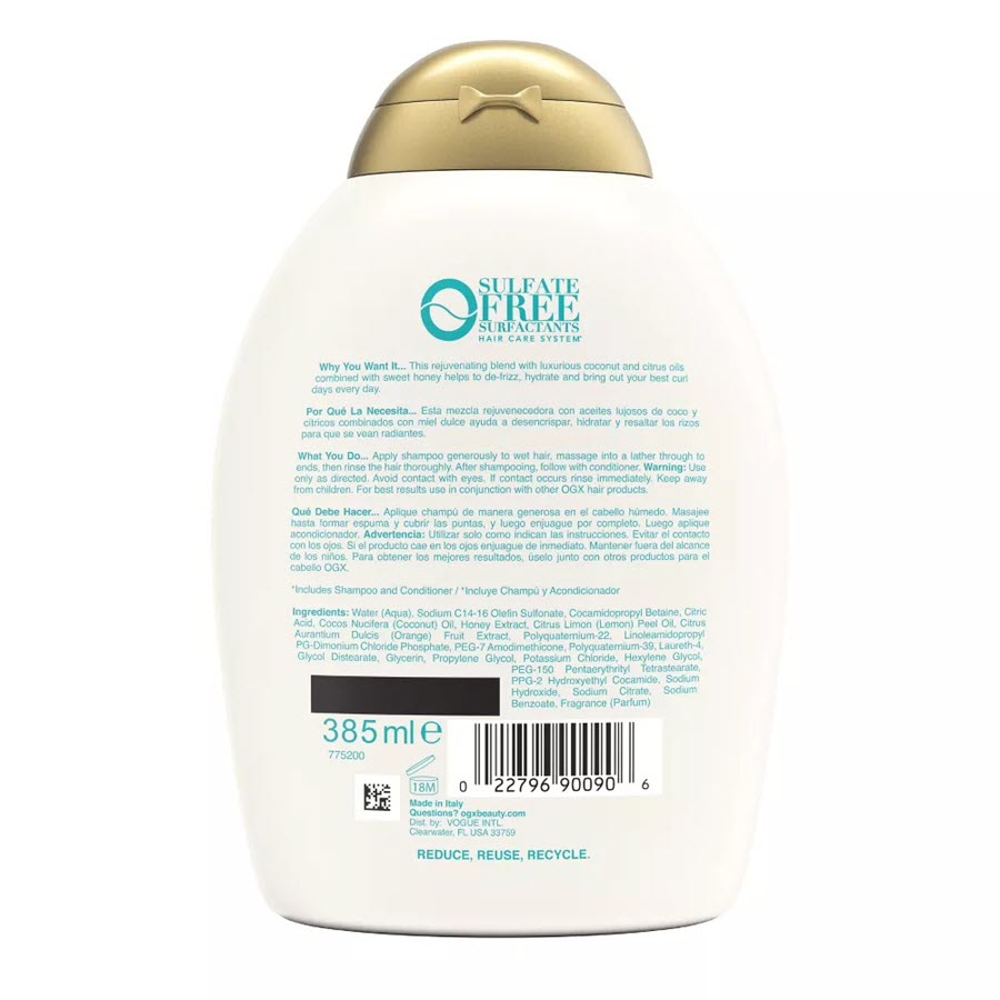 OGX Quenching+ Coconut Curls Shampoo Curly Hair Shampoo with Coconut Oil, Citrus Oil & Honey - 13 fl oz