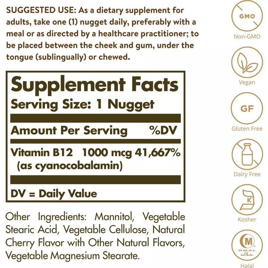 Solgar Sublingual Vitamin B 12, 100 Nuggets