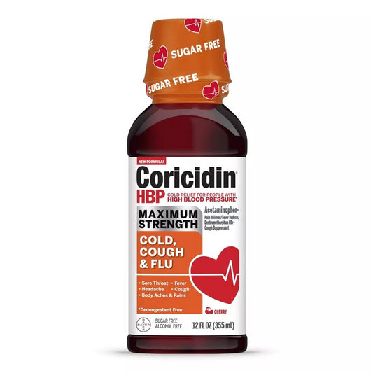 Coricidin High Blood Pressure Max Strength Cough Cold Flu Liquid Cherry - 12 fl oz