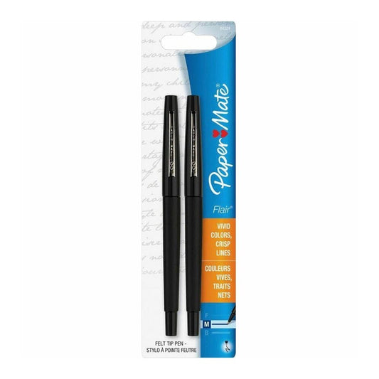 Paper Mate Flair Point Guard Felt Tip Marker Pens - Black Water Based Ink - 2pk