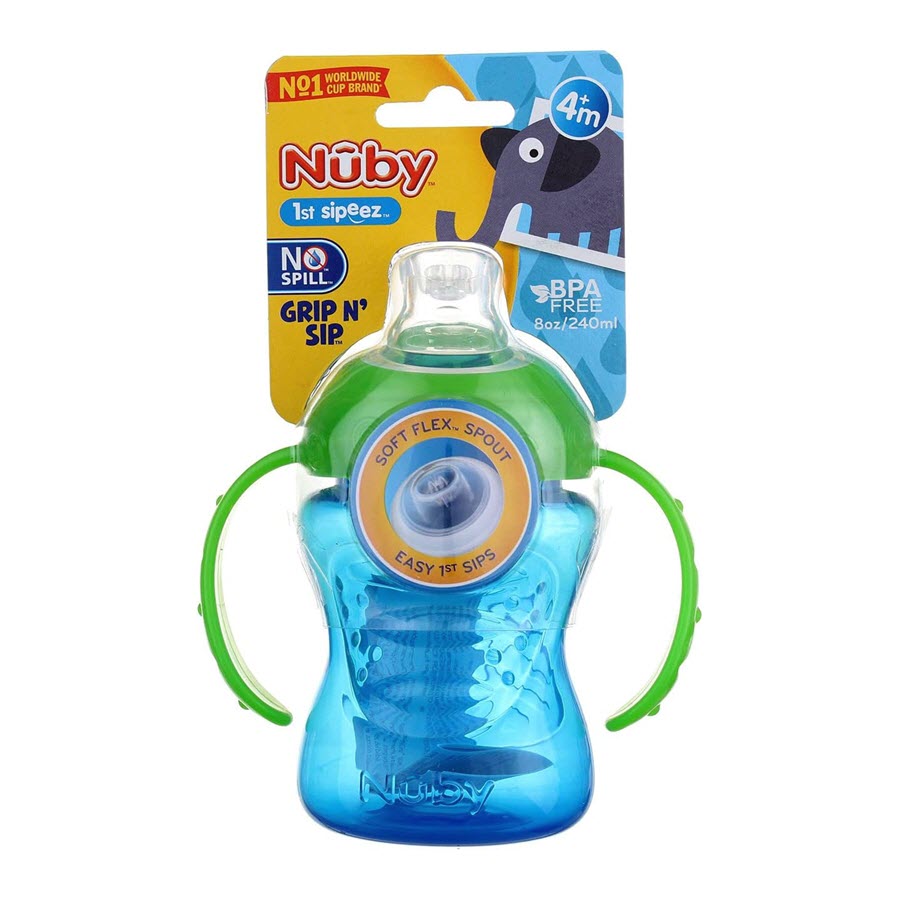 Nuby No-spill  Grip N' Sip Cup Super Spout, Step 1