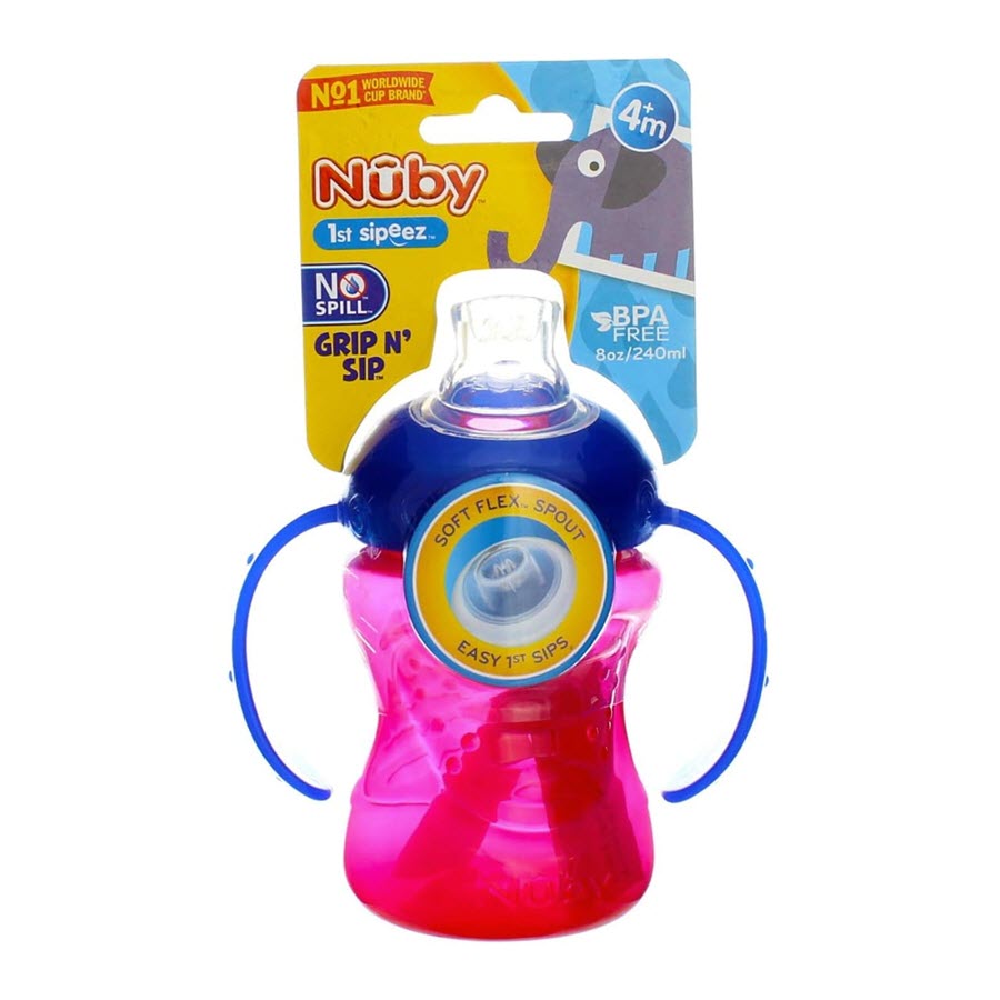 Nuby No-spill  Grip N' Sip Cup Super Spout, Step 1