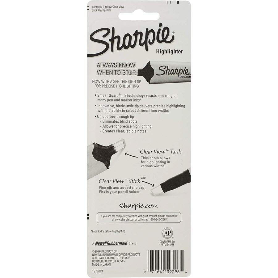 Sharpie Clear View Highlighter Stick, Yellow, 3ct