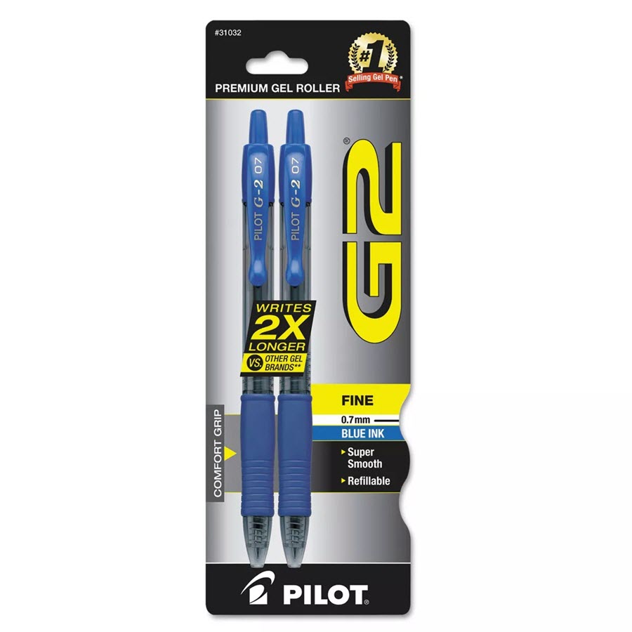 Pilot G2 Premium Retractable Gel Ink Pen Refillable Blue Ink .7mm, 2pk, 31032