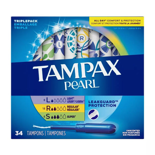 Tampax Pearl Tampons Trio Pack with Plastic Applicator and LeakGuard Braid - Unscented, 34ct