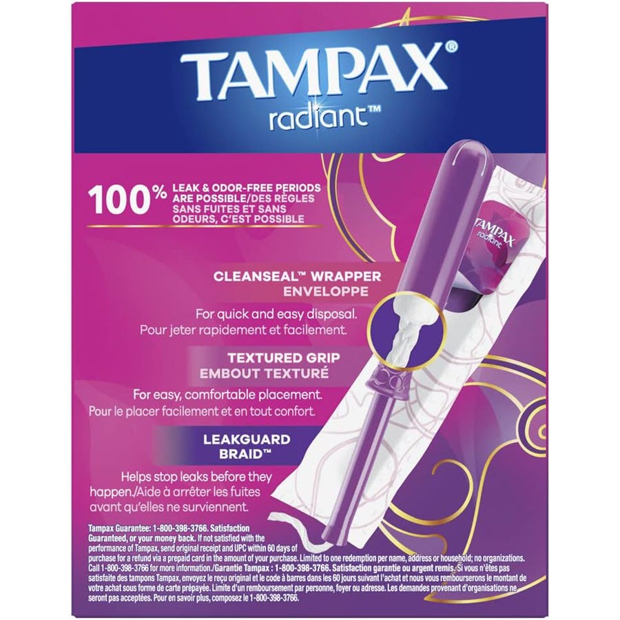 Tampax Radiant Plastic Tampons, Regular Absorbency, Unscented, 14ct