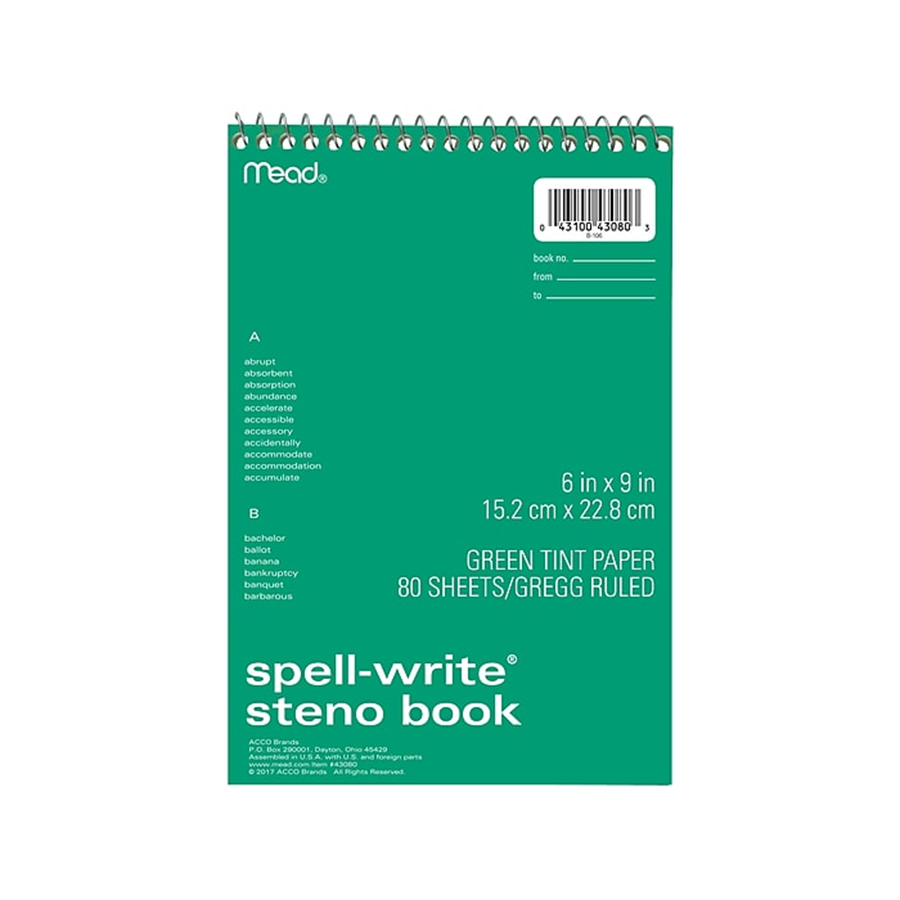 Mead Spell-Write Steno Book - 80 Greentint sheets 6"x9" Asst.