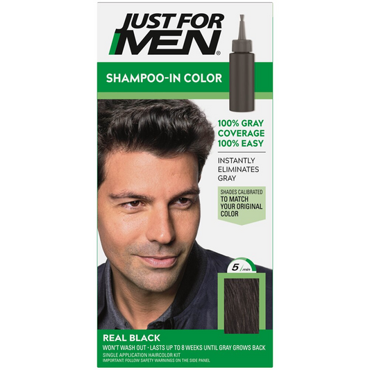 Just For Men Shampoo-In Color Gray Hair Coloring for Men, Real Black