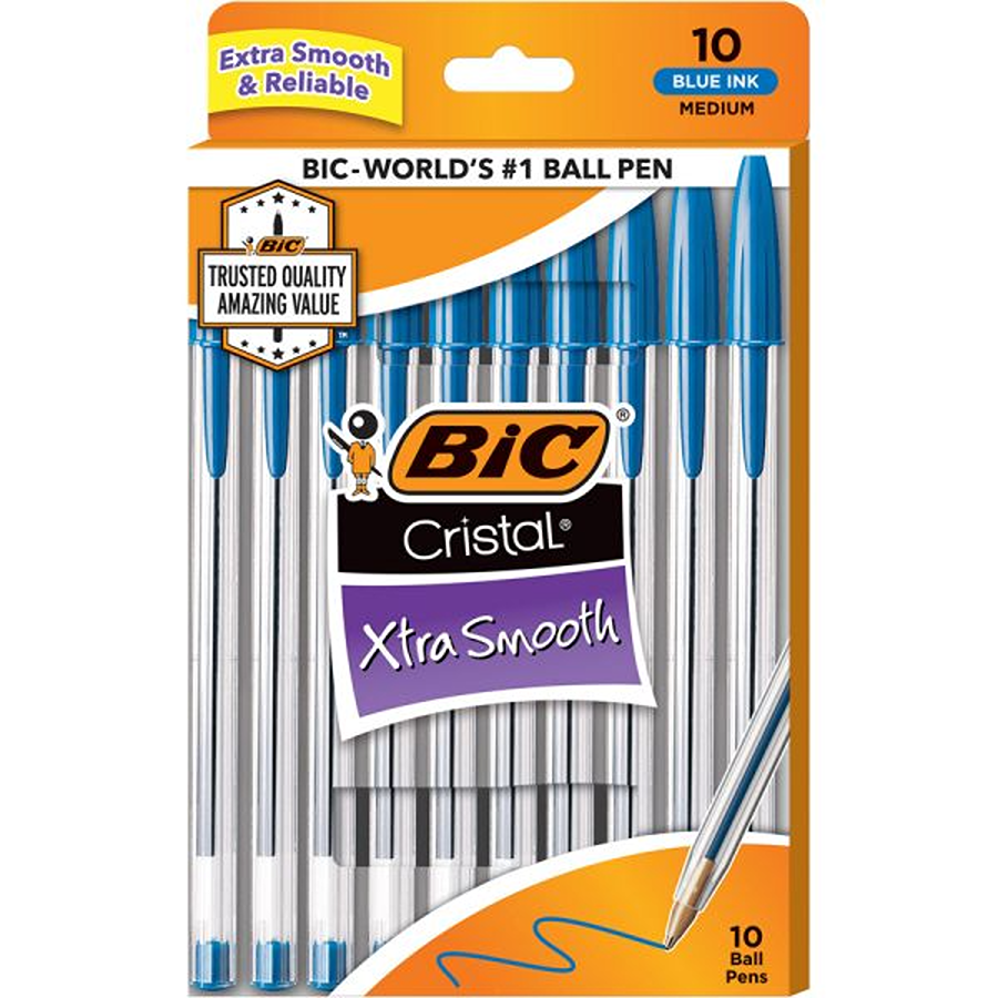 BIC Cristal Classic Ballpoint Pen, Medium Point, Blue - 10 Ea