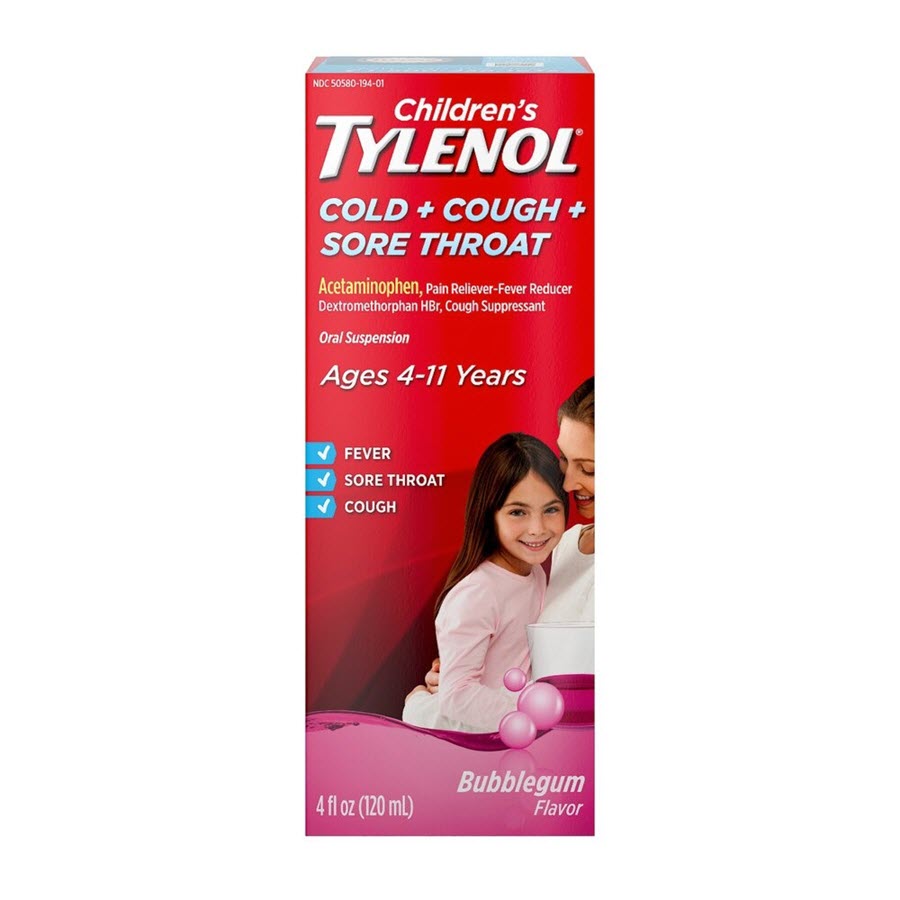 Children's Tylenol Cold + Cough + Sore Throat, Bubblegum, 4 Fl oz