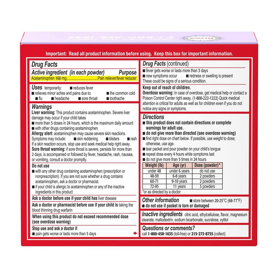 Children’s Tylenol Dissolve Powder Packs - Berry, 30ct