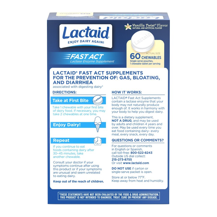 Lactaid Fast Act Lactase Enzyme Supplement Vanilla Twist Flavor Chewable Tablets, 60 Ea