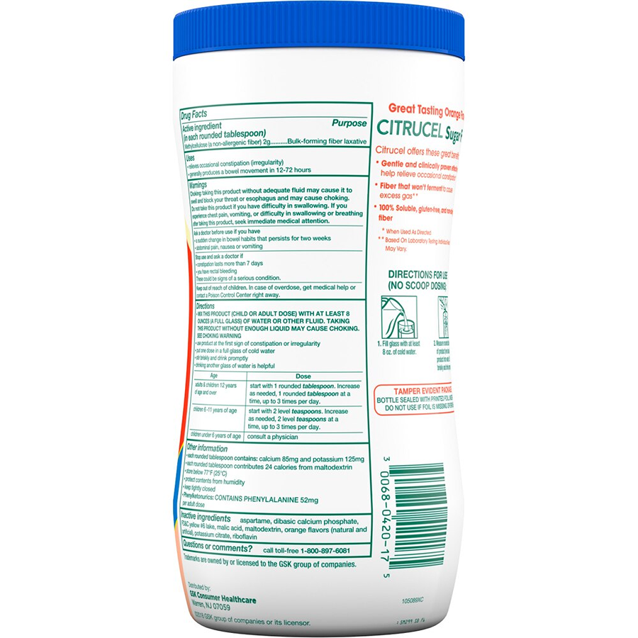 Citrucel Fiber Powder, Sugar Free, Orange - 16.9oz