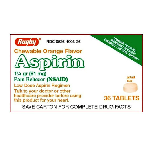 Rugby Aspirin 81 Mg Pain Reliever Chewable Tablets with Orange Flavor, 36 Ea