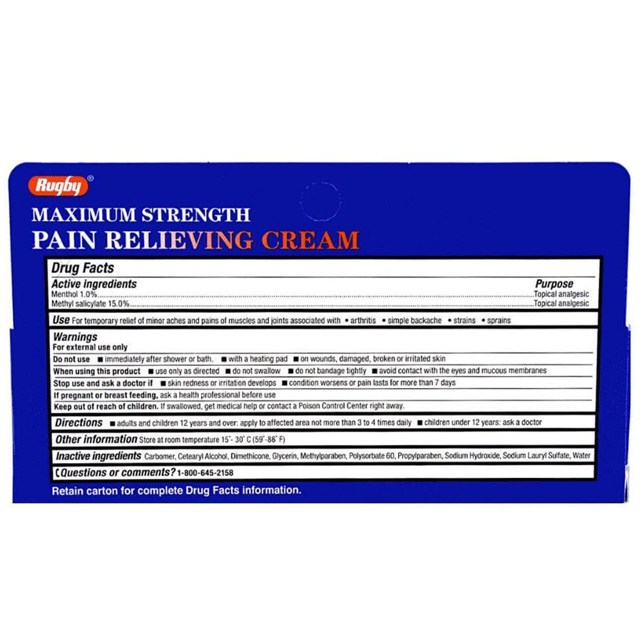 Rugby Maximum Strength Pain Relieving Cream, 3oz. Per Tube