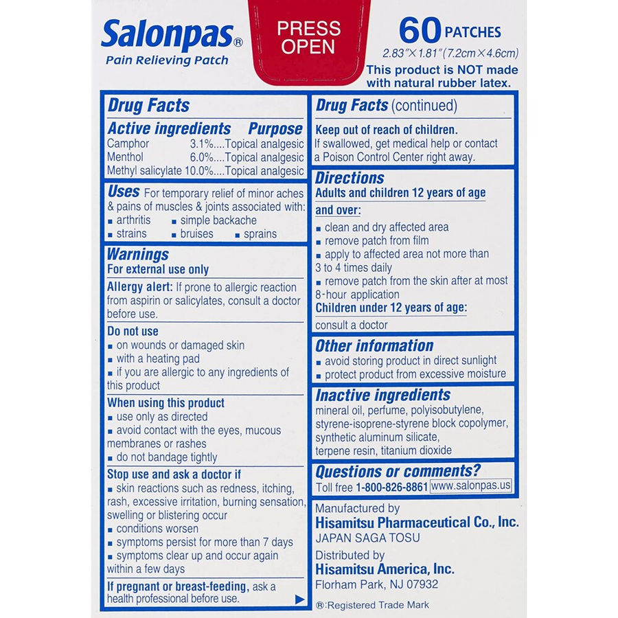 Salonpas Pain Relieving Patch - 8 Hour Pain Relief - 60ct