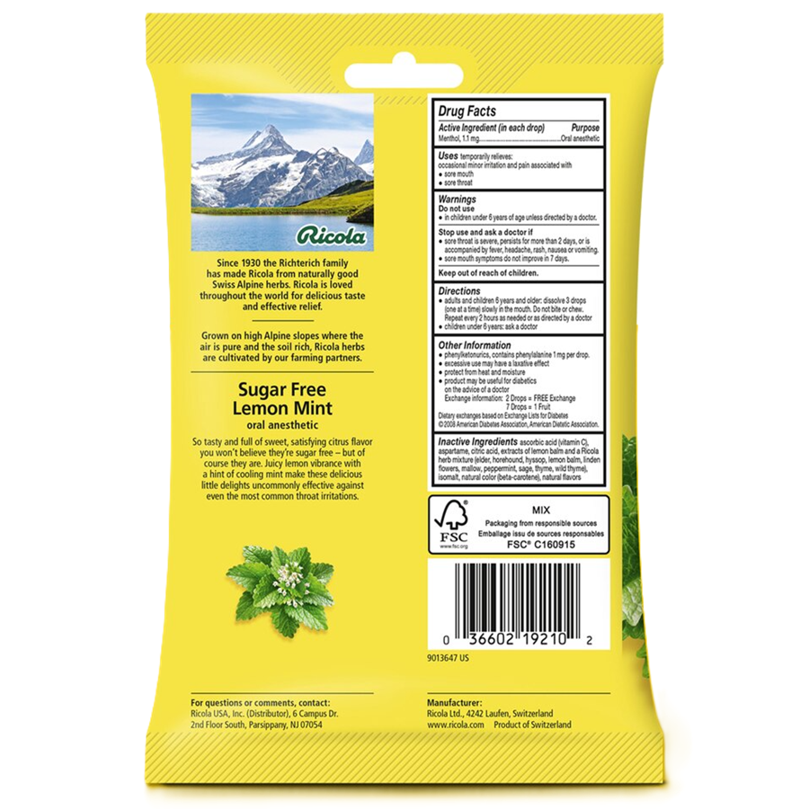 Ricola Herb Throat Drops Sugar Free, Lemon Mint - 19 ct