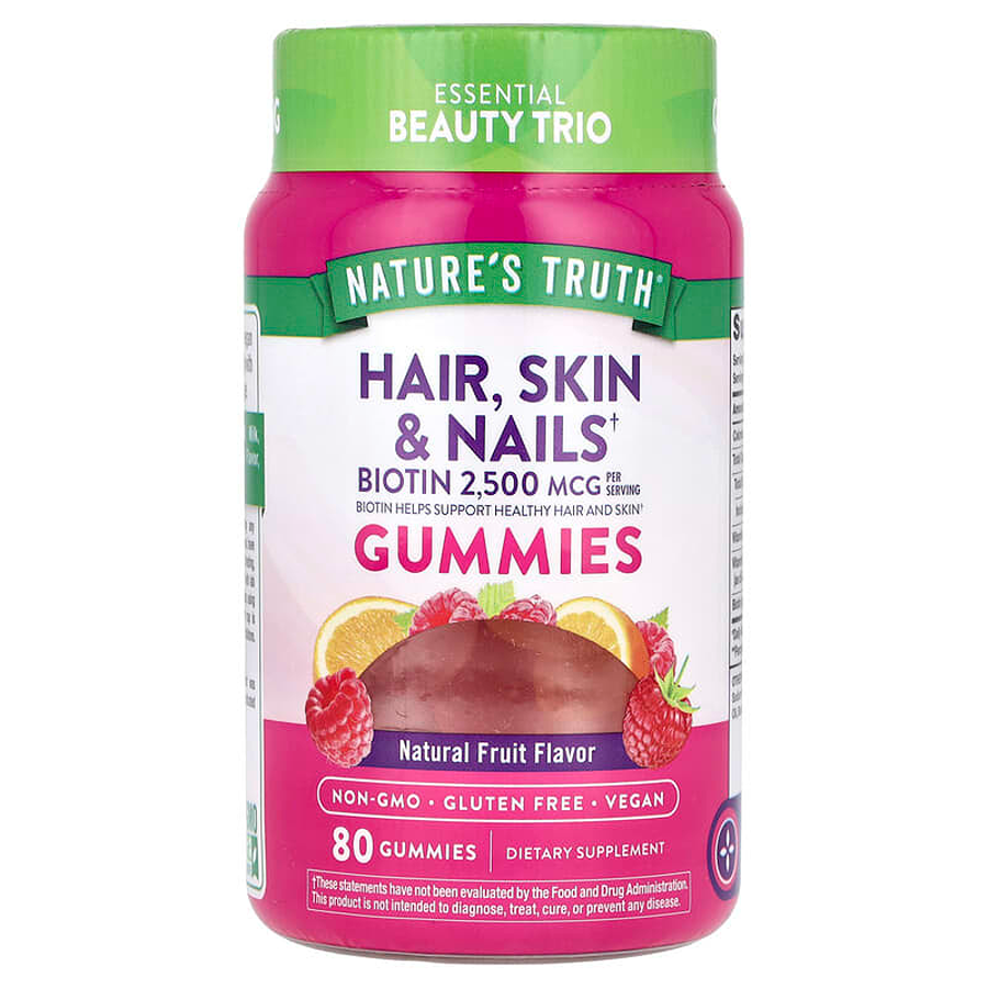 Nature's Truth Hair, Skin & Nails with Biotin Vegan Gummies - Natural Fruit - 80ct