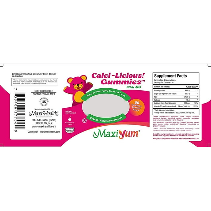 Maxi Health Calci-Licious! Calcium Gummies with D3, Cherry Flavor, 60 Jellies