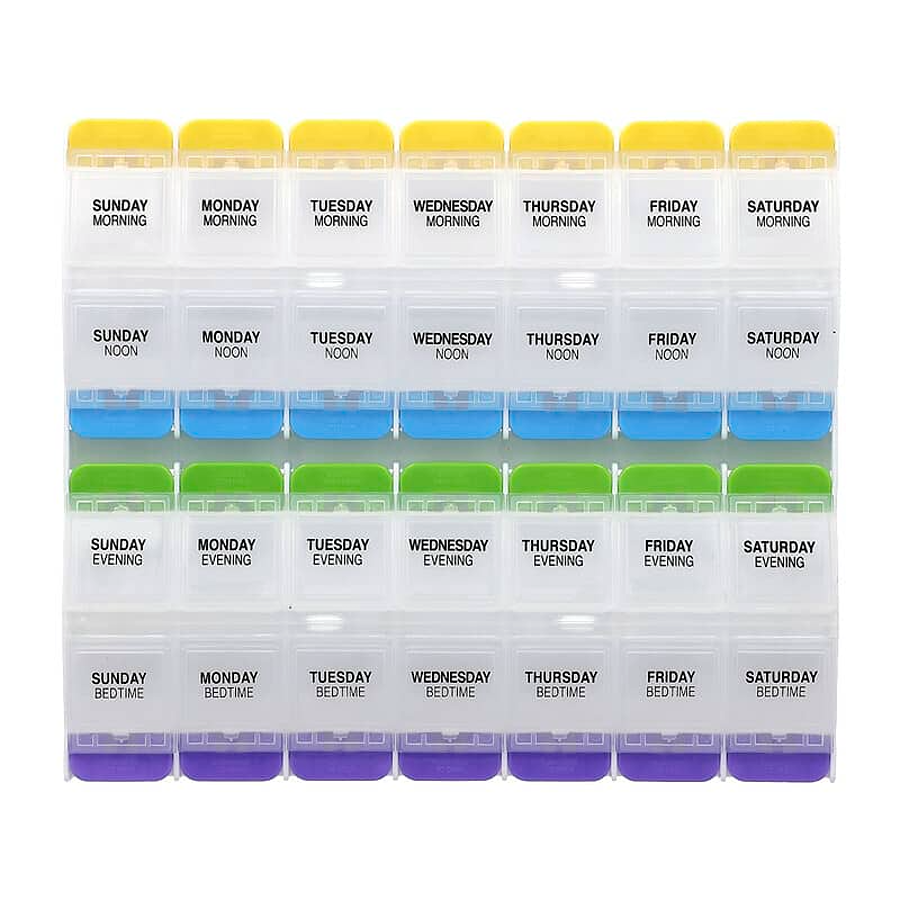 EZY Dose Weekly (7-Day) Pill Case, Medicine Planner, Vitamin Organizer Box, 4 x Day, X-Large Push-Button, 67583