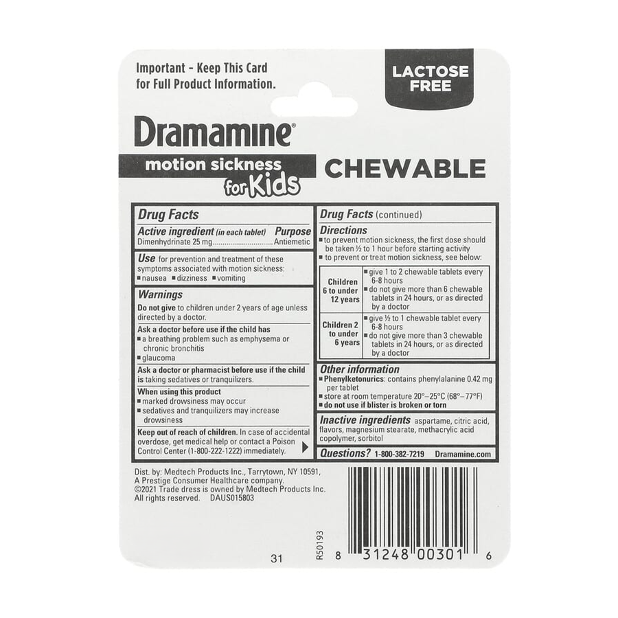 Dramamine Kids Chewable Motion Sickness Relief Tablets for Nausea, Dizziness & Vomiting - Grape -  8ct