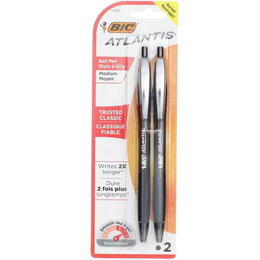 BIC Atlantis Ball Pen, Medium Point, Black, Retractable - 2 Ea