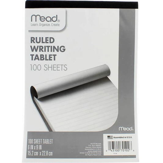 Mead Writing Tablet, Ruled, White, 6 x 9-In., 100-Sheets