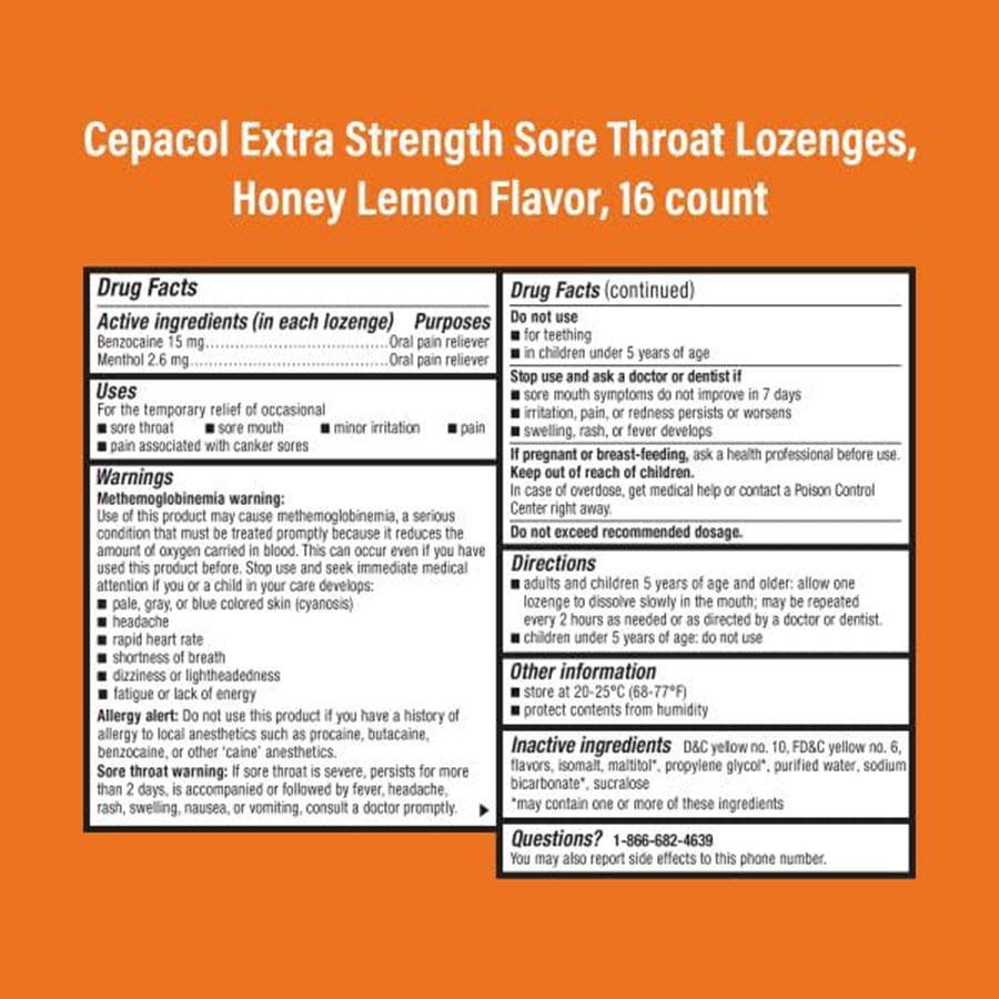 Cepacol Maximum Strength Throat Drop Lozenges, Honey Lemon, 16ct