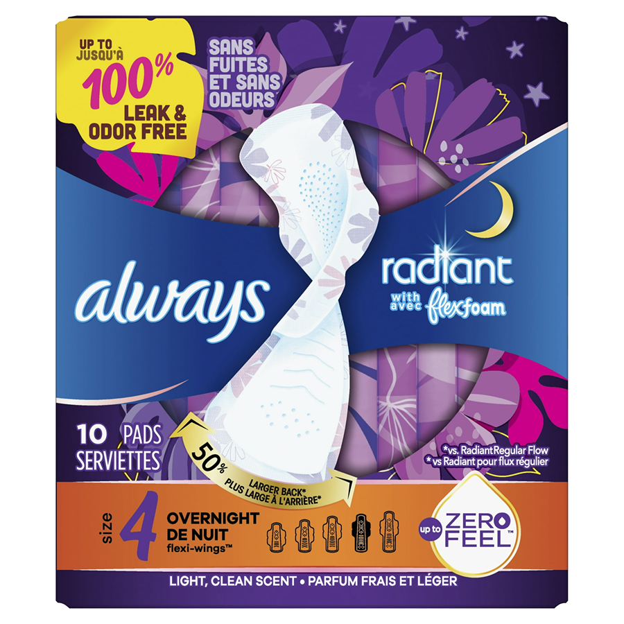 Always Radiant Pads, Size 4, Overnight Absorbency, Scented, 10ct