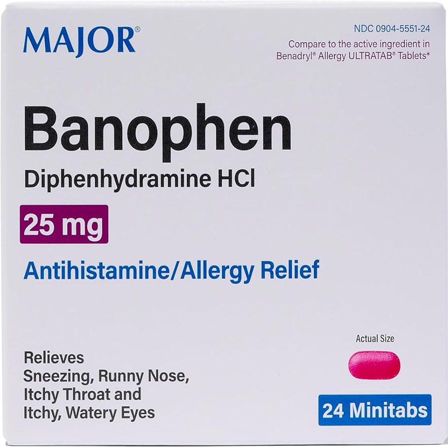 Major Banophen Diphenhydramine HCI 25 mg, 24 Minitabs