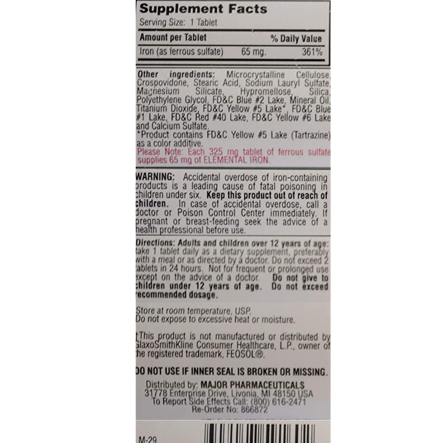 Major Ferosul 5gr FC Green Tabs FERROUS SULFATE - 325mg, 100 Tablets