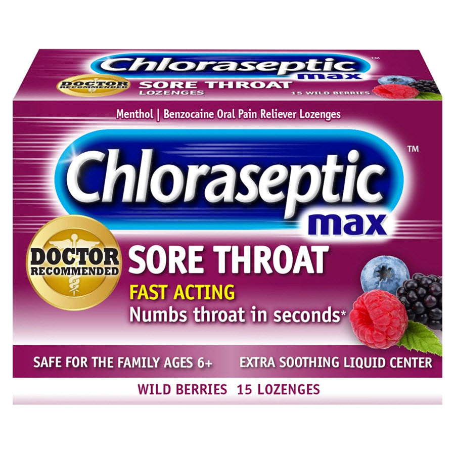 Chloraseptic Max Strength Sore Throat Relief Lozenges, Wild Berries, 15 ea