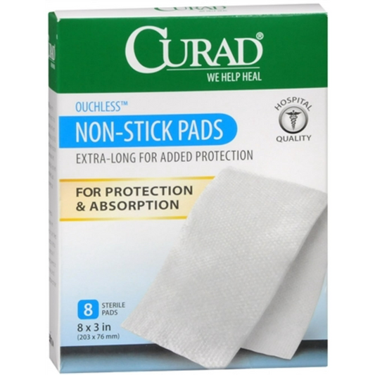 Curad Ouchless Extra Long Non Stick Pads, 8 X 3 Inches - 8 Ea