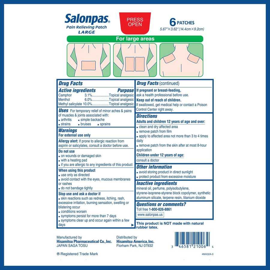 Salonpas Large Size Pain Relieving Patch - 8 Hour Pain Relief - 6ct