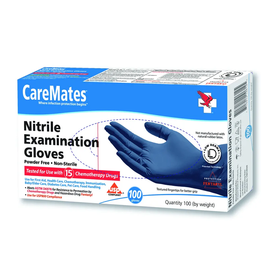 CareMates Nitrile PF Examination Gloves, Medium, Blue, 100 Count