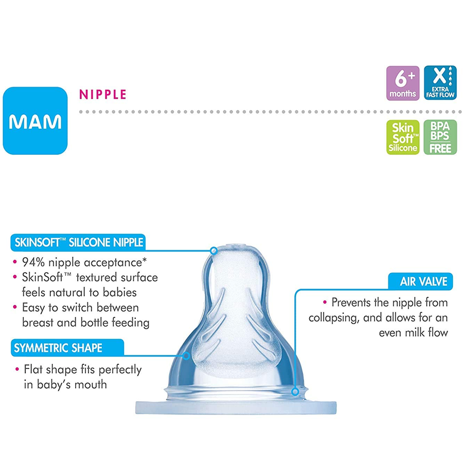 MAM Extra Fast Flow SkinSoft Silicone Bottle Nipples, for 6+ Months, 2 Count