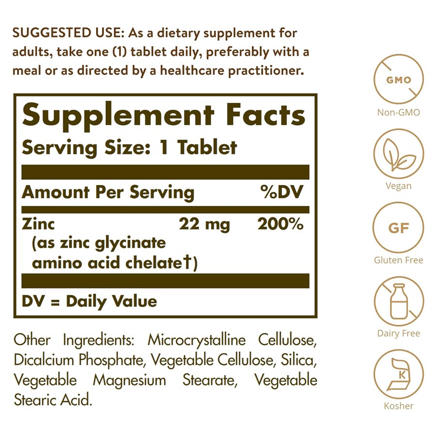 Solgar Chelated Zinc 22 mg, 100 Tablets