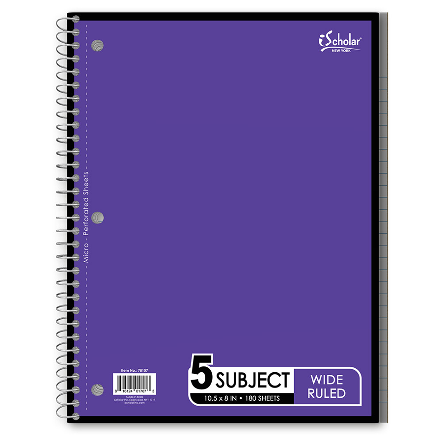 5 Subject Wirebound Notebook, 10.5″ x 8″, Wide Ruled