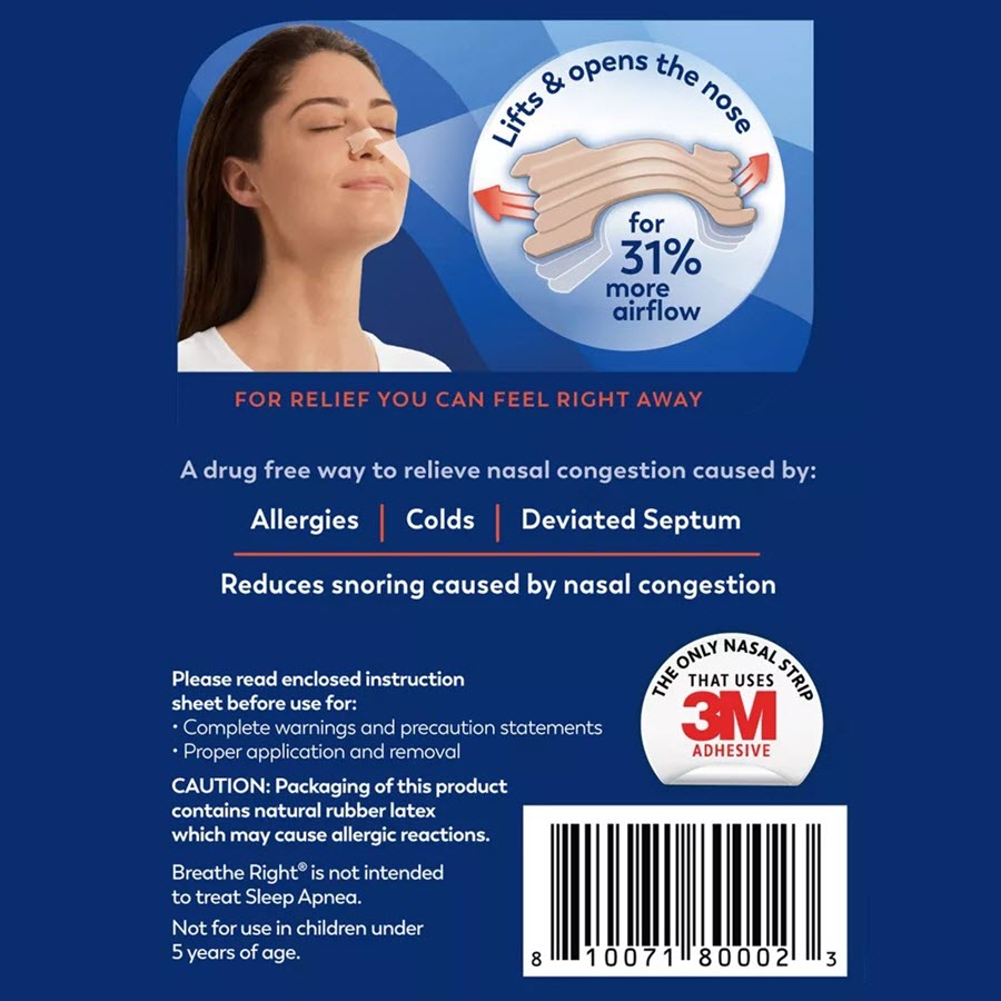 Breathe Right Extra Tan Drug-Free Nasal Strips for Congestion Relief, 26ct