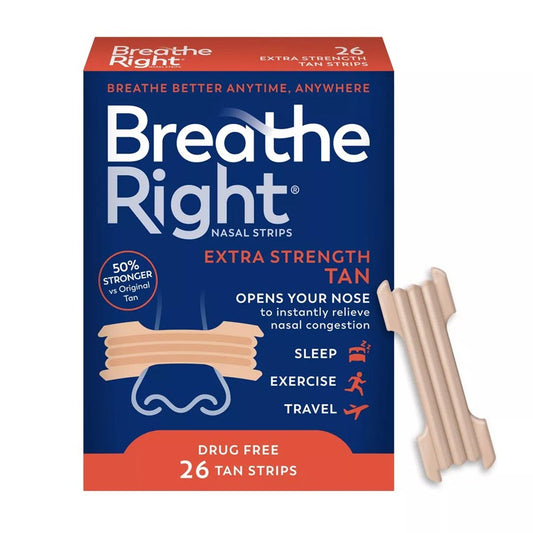 Breathe Right Extra Tan Drug-Free Nasal Strips for Congestion Relief, 26ct