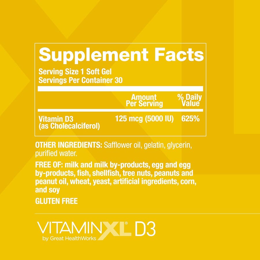 Vitamin XL D3, 5,000 IU, High Potency Daily Immune Support Supplement, 30ct