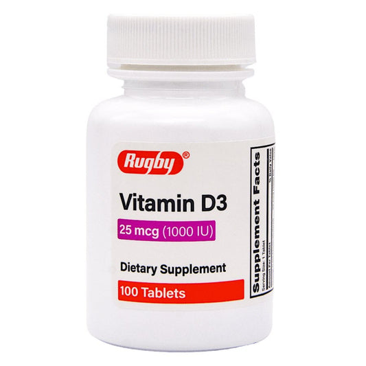 Rugby Vitamin D3 Dietary Supplement 25 mcg, 1000 IU - 100 Tablets